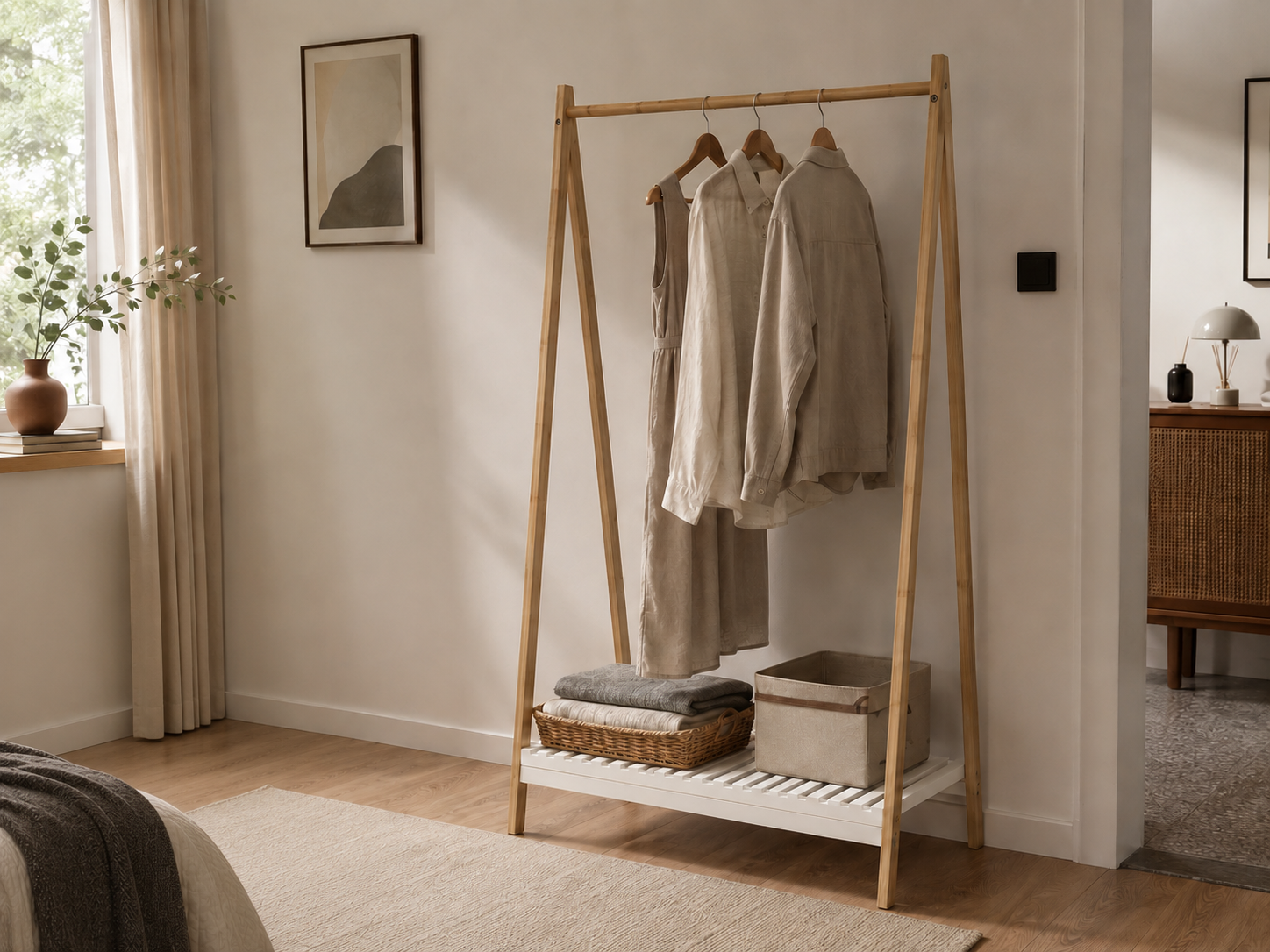 Bamboo Garment Rack with White Storage Shelf 
