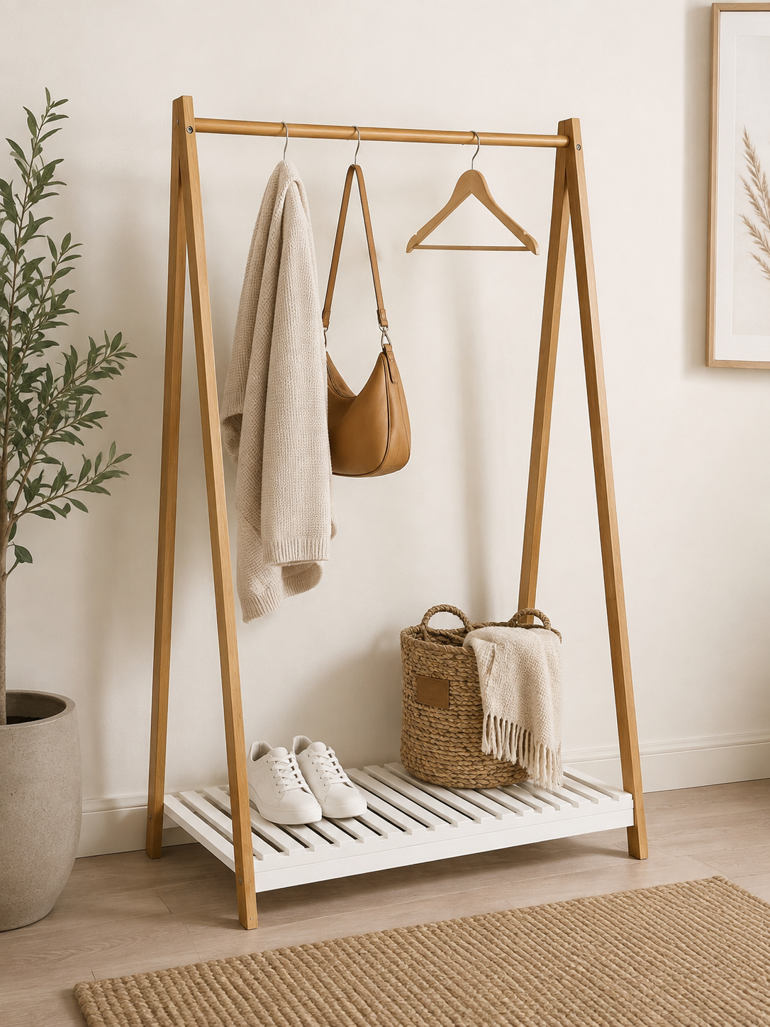Bamboo Garment Rack with White Storage Shelf 