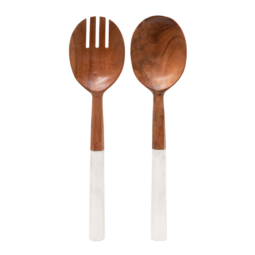 Sylvie Salad Servers Spoons Wooden Vintage White
