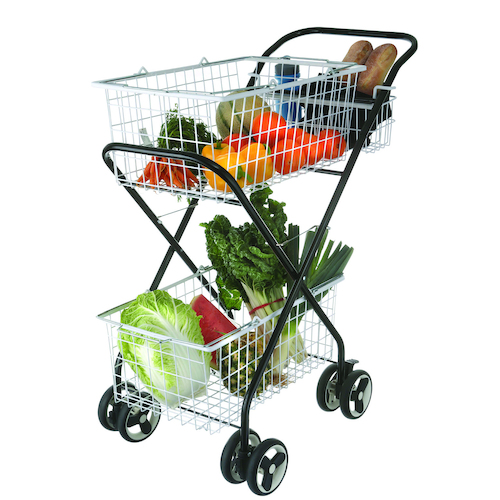 Shopping Trolley Folding Cart with 3 Baskets Swivel Wheels Deluxe