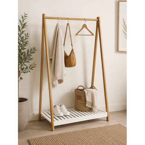 Bamboo Garment Rack with White Storage Shelf 