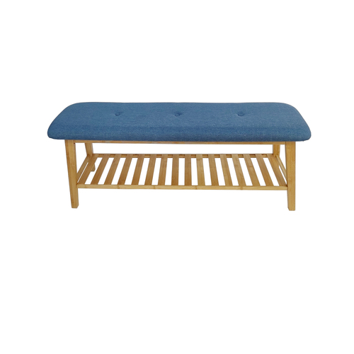 Bamboo Shoe Rack Bench Seat Storage with Blue Cushion - 1200mm