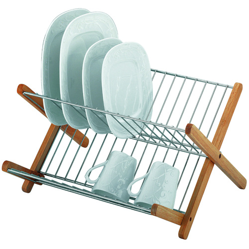 Avanti Dish Rack Drainer Folding Wood and Chrome 